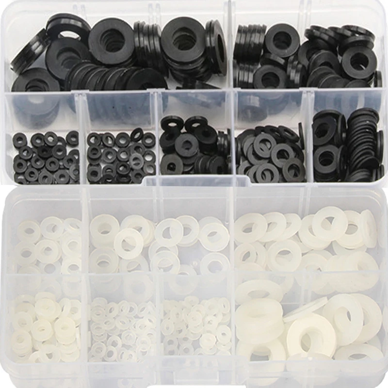 250PCS Nylon Washers Sealing Solid Gasket Plastic Insulation Spacers Seals Black White Set Washer Ring Kit M2/2.5/3/4/5/6/8