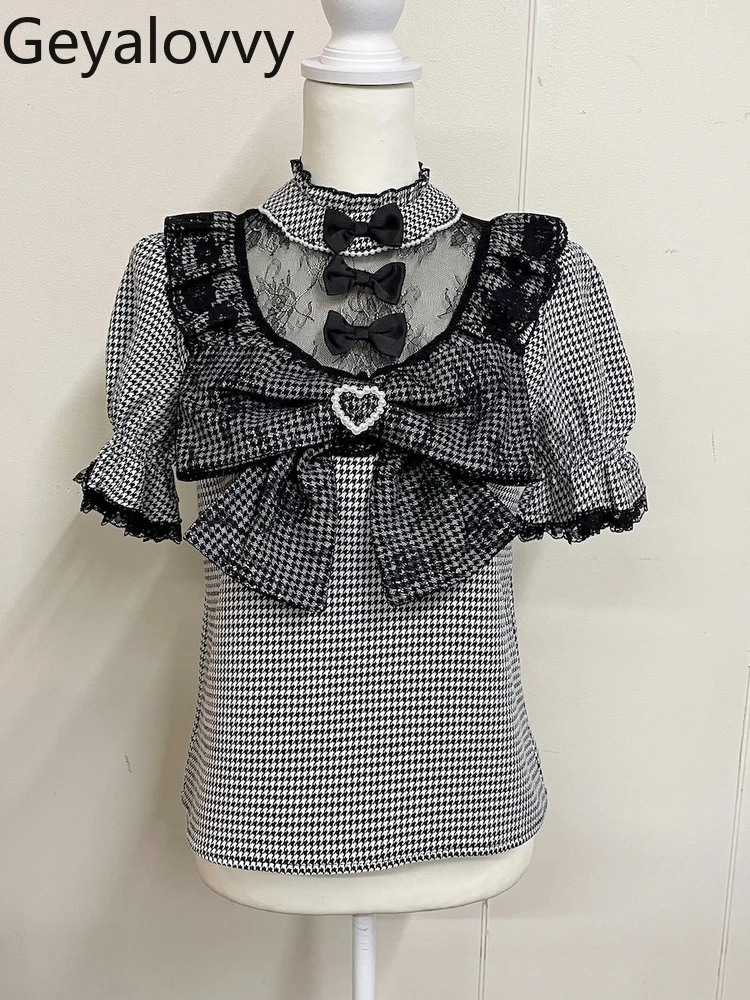 Japoński słodki styl, seksowna koronkowa bluzka z wycięciami, uniwersalna koszulka na wiosnę i lato z kokardą w kształcie serca, krótki rękaw i koronkowe rękawiczki.