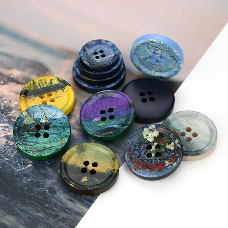 10Pcs Oil Painting Style Resin DIY Buttons for Clothing Four Eye Button Overcoat Suit Decoration Sewing Accessory