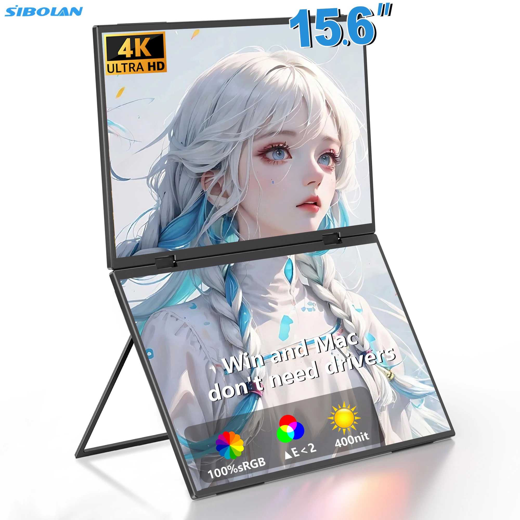 

SIBOLAN 15.6" 4K Metal Dual Portable Monitor 3840*2160P UHD 100% sRGB Folding Stacked Screen TYPE-C/HDMI for Laptop Mini PC