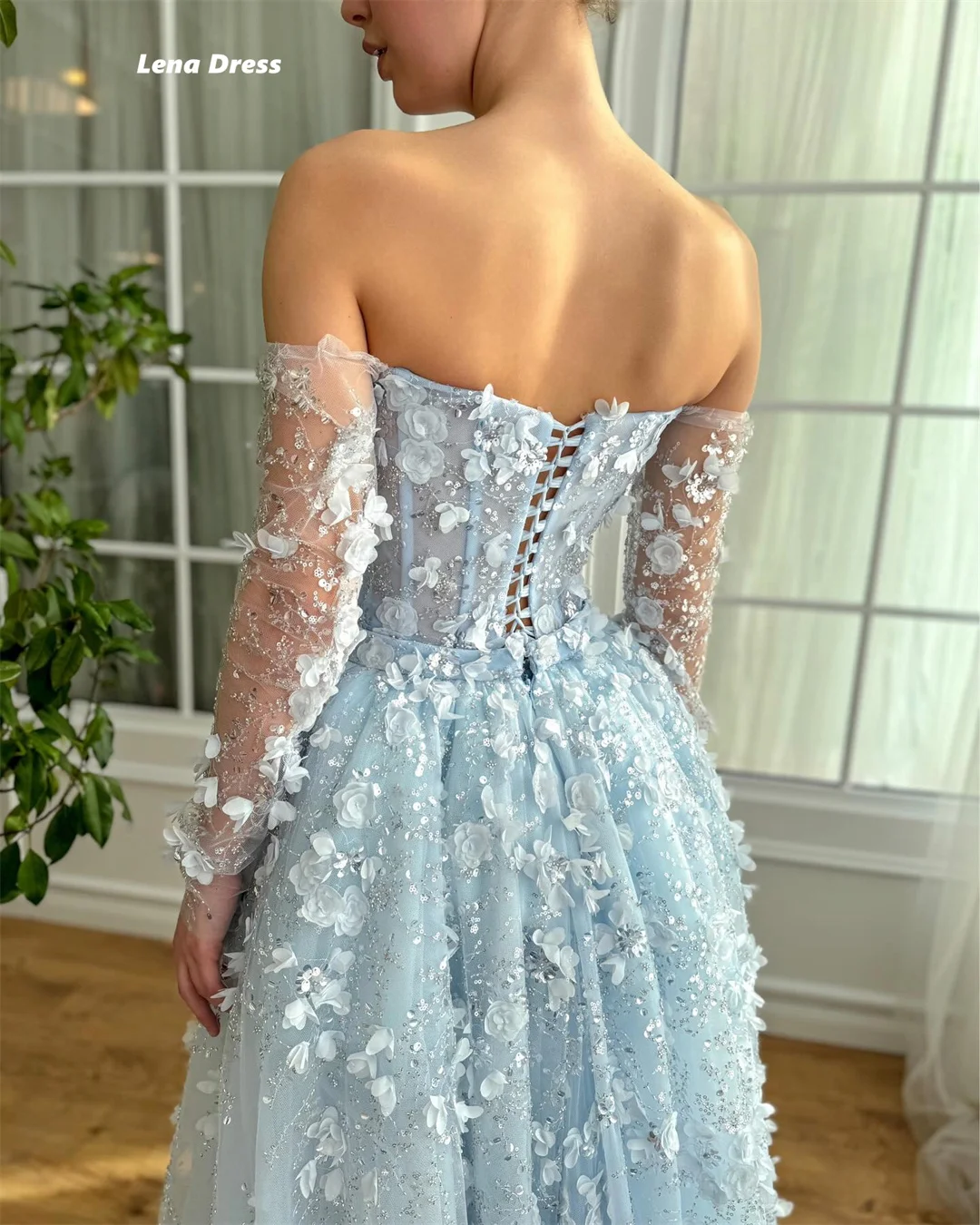 Lena Line A robes de soirée élégantes pour mariage femme sur mesure robe de soirée pour femmes de luxe 2025 épaules dénudées fleur dentelle bal