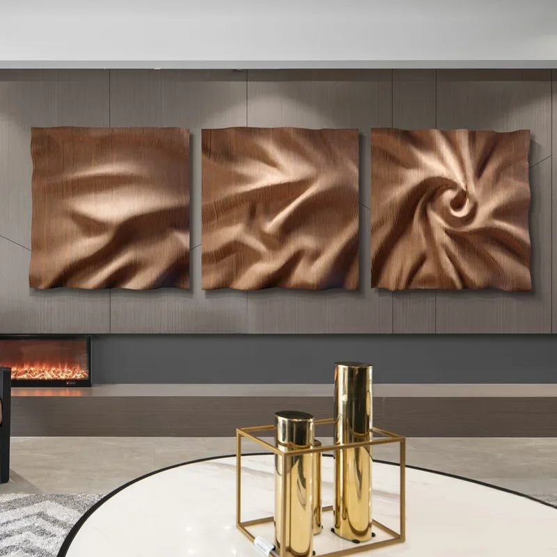 Simple modern abstract wood carving decorative painting, three linked background wall, three-dimensional hanging painting