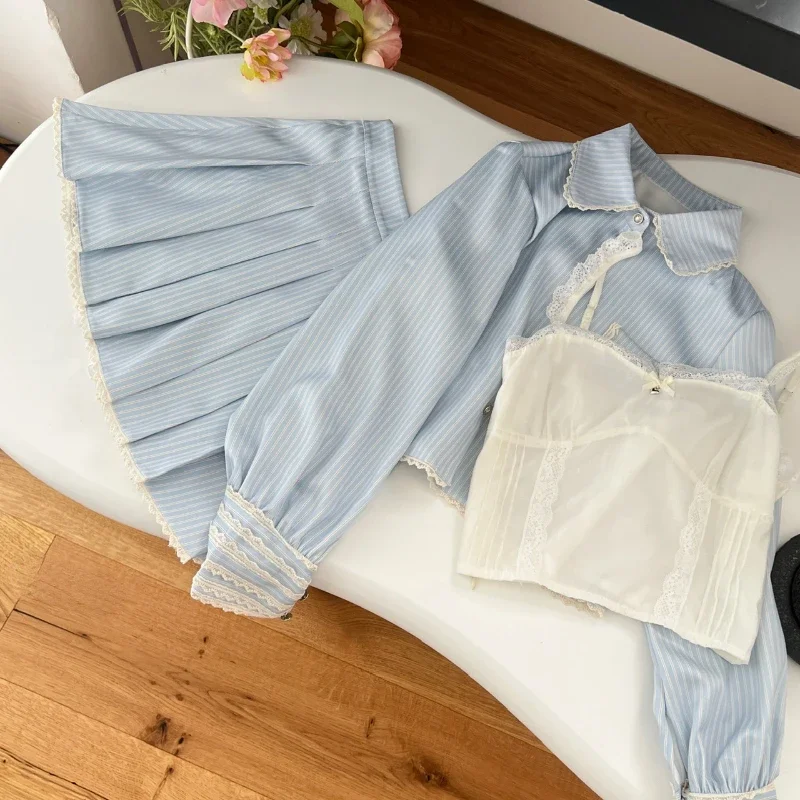 French Elegant Stripe Skirt Suit Women Autumn Preppy Style Y2k Design Harajuku 3 Piece Sets Female Lace Korea Style Chic Clothes