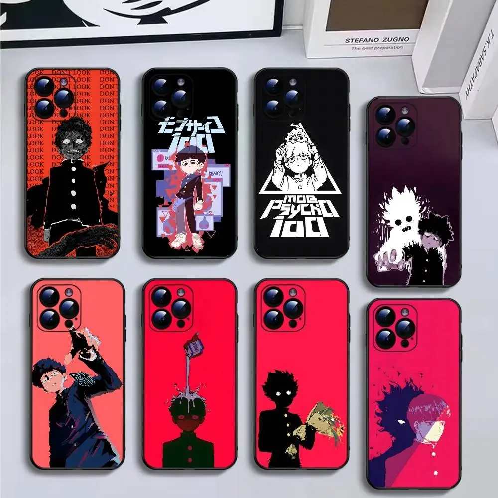 حافظة هاتف Anime M-Mob P-Psycho 100 لهاتف iPhone17,16,15,14,13,12,11 Plus, Pro Max, غطاء أسود ناعم