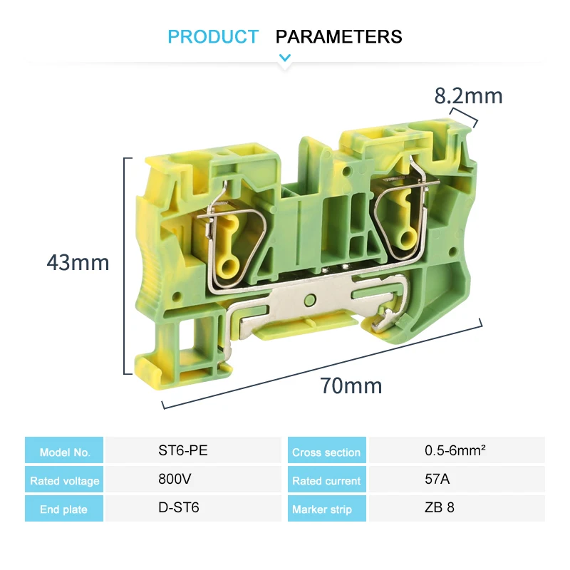 ST6-PE Ground Din Rail Connector Spring-cage 6mm² Wire Protective Electrical Green Yellow Earth Terminal Block ST 6-PE