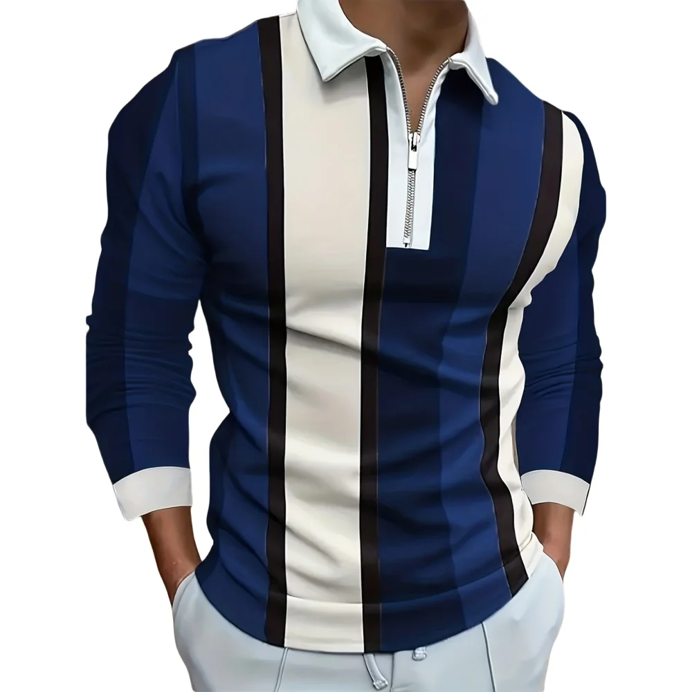 Golf Wear Men\'s T-Shirt Contrast Color Print Fashion Sports Polo Shirt for Men Tops Casual Zipper Design Long Sleeve T Shirt Men