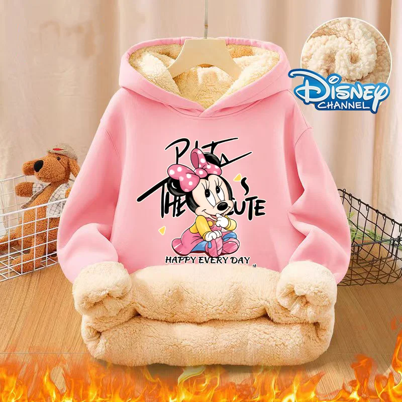 Kawaii Mickey Minnie Child Hoodie Sweatshirt Disney Anime Winter Kids Thick Clothes Donald Duck Daisy Pink Winter Warm Coat Top