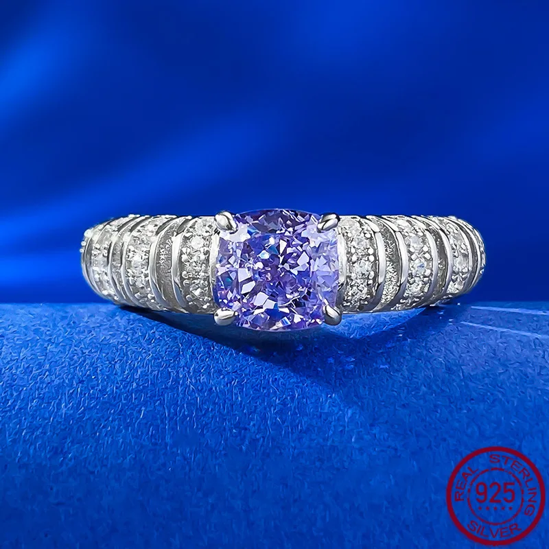 

New purple high carbon diamond ring s925 pure silver inlaid with 6 * 6 European and American style light luxury wedding jewelry
