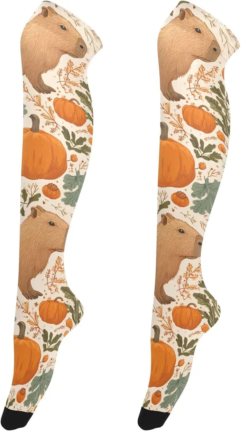 カピバラ 秋 レディース ニーハイソックス ハーベスト パンプキン レディース シアー ノベルティ ロングチューブソックス ストッキング プリント フリーサイズ