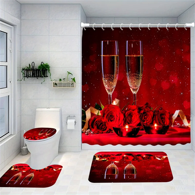 1/4pcs Valentine's Day Themed Shower Curtain Set, Red Rose Champagne Candles Holiday Celebrate For Bathroom Decor, Waterproof Po