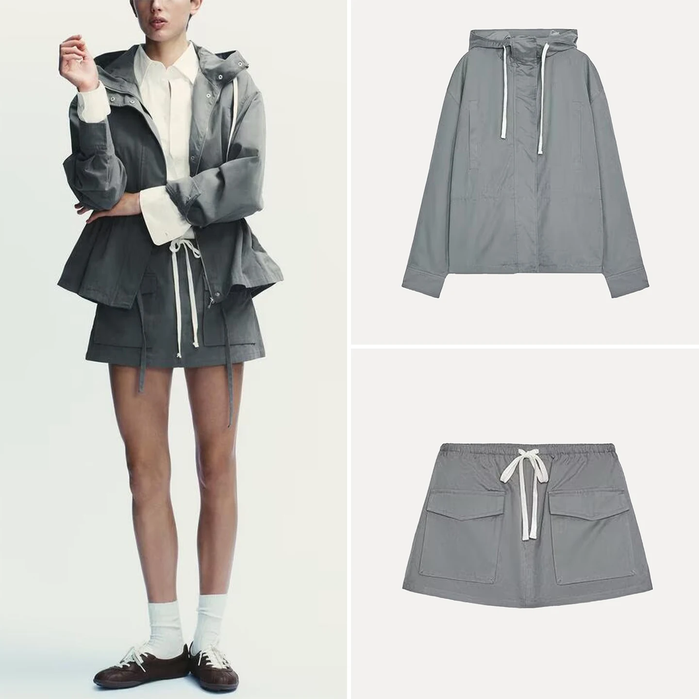 

Осень 2023. Женский модный комплект из джата с капюшоном и юбки. Универсальные муки для всех случаев. Бренд Z. Всесезонная одежда для взрослых.