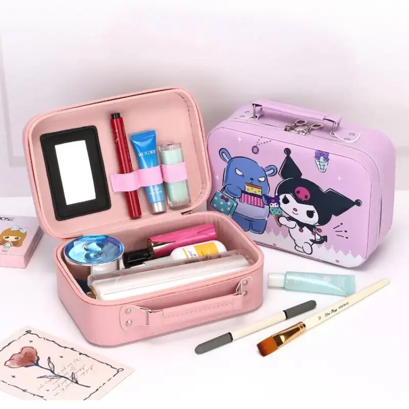 Sanrio Kuromi Cosmetic Bag Travel Storage Bags Leather Waterproof Toiletry Bag Portable Large Capacity Makeup Bag With Mirror