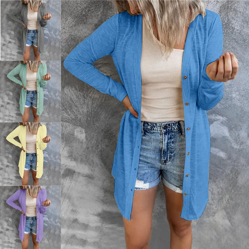 

Ladies solid color coat long sleeve button cardigan coat light coat
