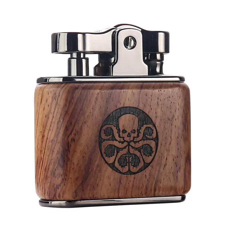 Classic Wooden Carved Kerosene Lighter, Retro Style Mechanical Push Ignition, Exquisite Gifts for Men, Cigarette Accessories