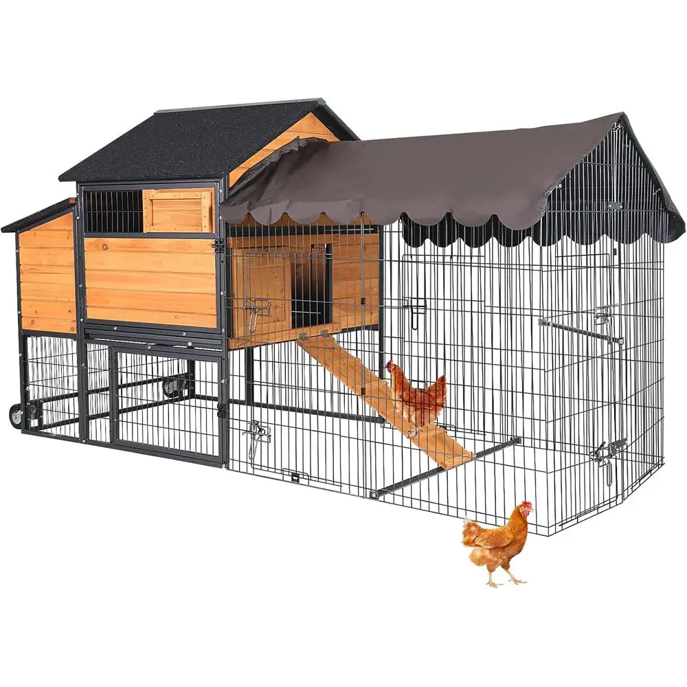

Enhanced Metal & Wooden Chicken Coop with Outdoor Run, Wheels, Pull-Out Trays, Asphalt Roof, and Lockable Nesting Area for Chick