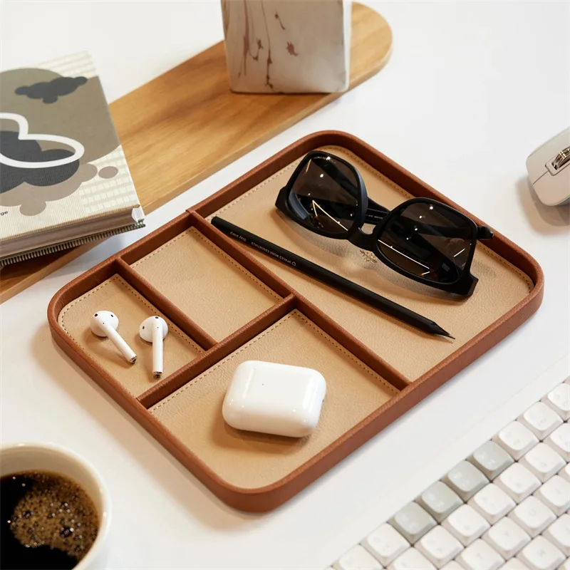 Leather Desktop Storage Tray – Multi-Purpose Wooden Organizer Box, Creative Home Sundries Holder for Office & Living Room