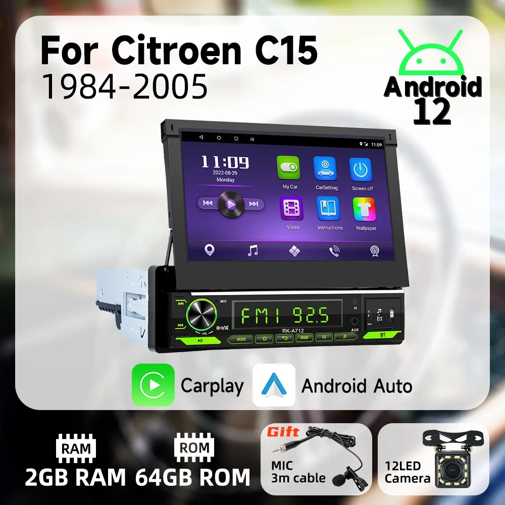 Carplay Android Auto 7 Inch Retractable Screen Android Car Multimedia 1 Din Radio for Citroen C15 1984-2005 Stereo Head Unit GPS