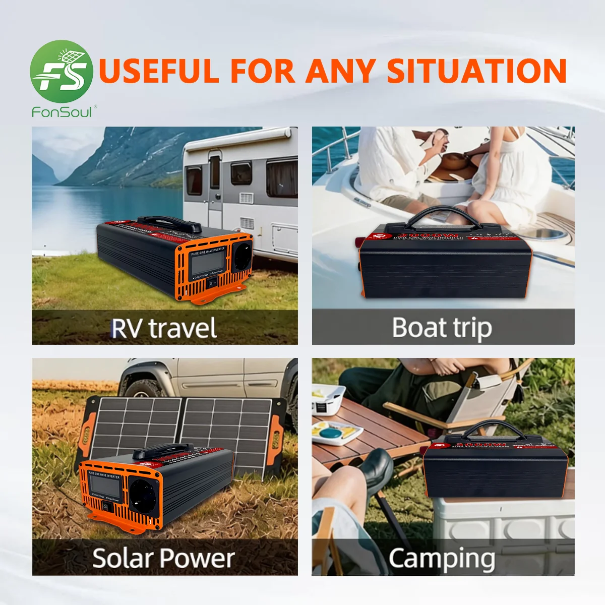Fonsoul Pure Sine Wave Inverter 3000W 12V/24V/48V/60V/72V DC to 110V 220V AC Universal Europe Outlet for Solar/RV/Car/Home