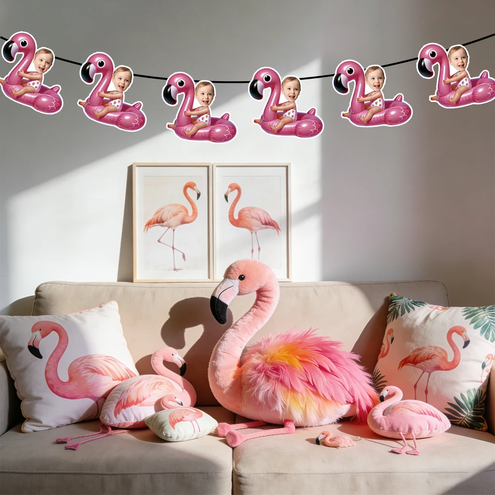 8pcs Custom hawaii flamingo Birthday Photo Banner Personalized Face Photo Bunting Banner for Birthday Party Favor Birthday