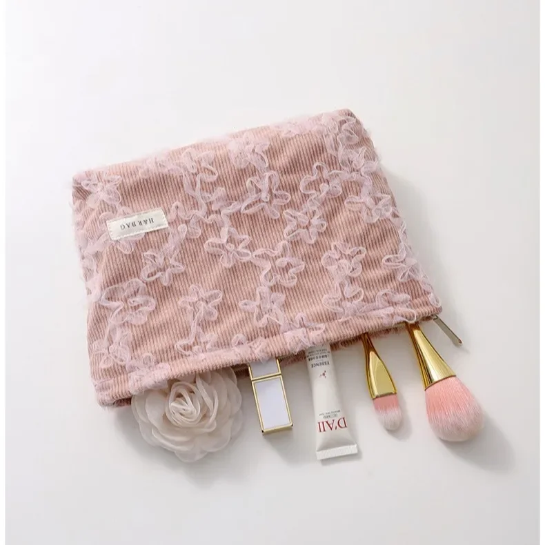 Corduroy Lace Three-dimensional Embroidered Cosmetic Bag Female Makeup Bags Women Clutch Bag Makeup Pouch Case Travel Organizer