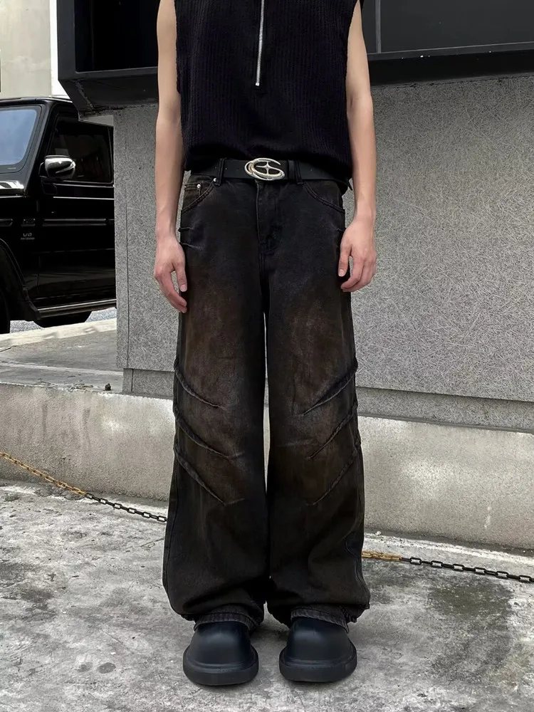 

2024 Cyber Y2K Streetwear Old Black Distressed Pleated Baggy Jeans Pants For Men Clothes Straight Loose Gothic Long Trousers