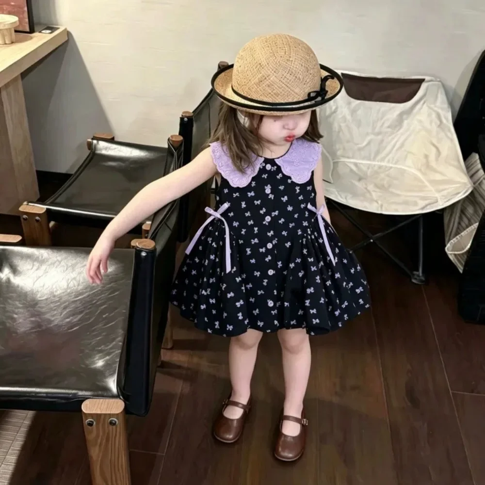 Summer Bow Print No Need for Lapel Girls' Dresses Elegant Purple A-line Princess Dress Children's Clothing for 2-7 Years Old