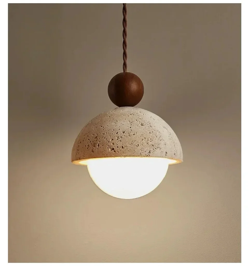 Natural Cave Stone Pendant Light LED Yellow Travertine Bedside Hanging Lighting Fixture for Restaurant Bedroom Living Room Decor