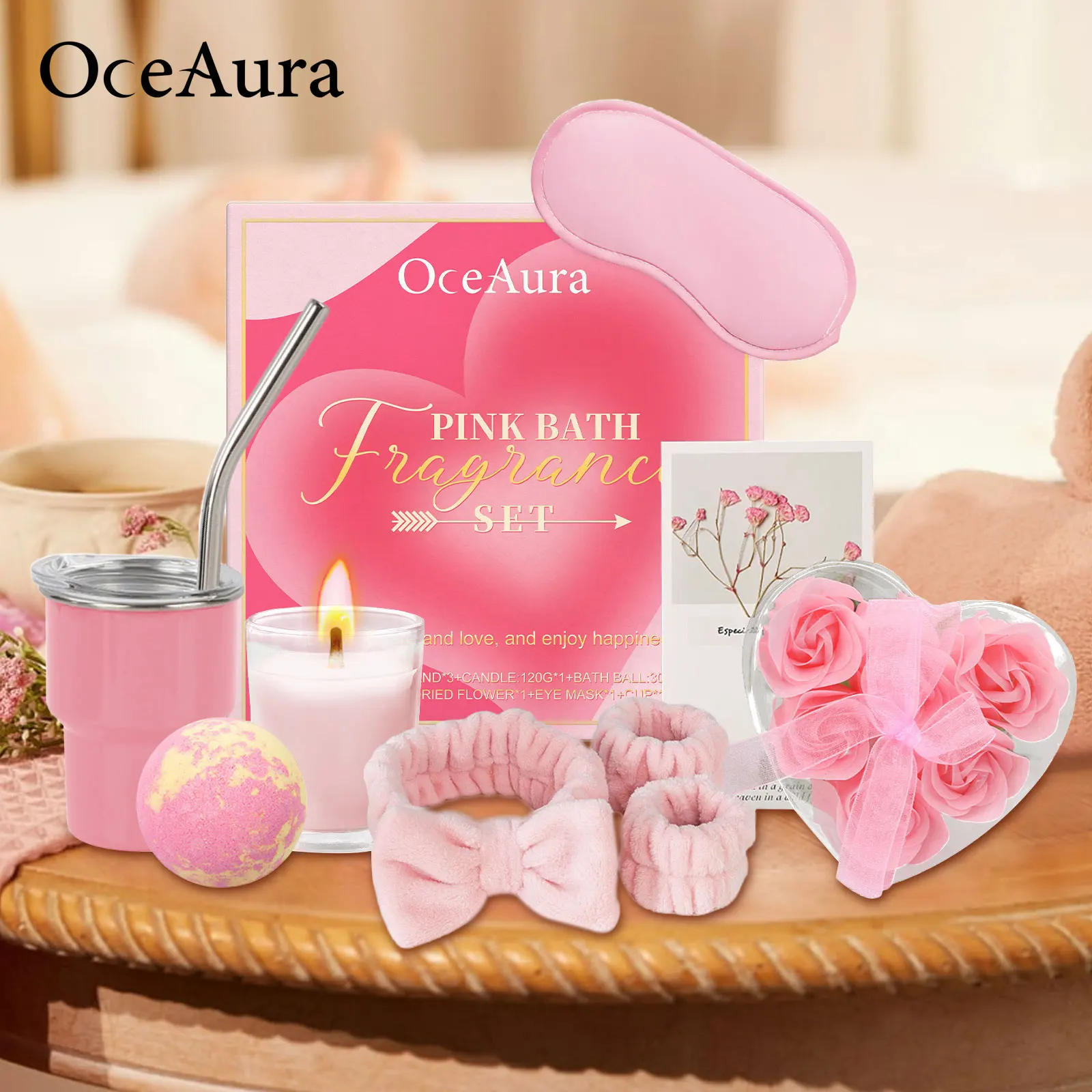 

Oceaura Pink Bath Ball Set Deep Cleansing Soap Exfoliating Relax Mood Aromatherapy Soak Spa Shower Set with Hair Band Wristband