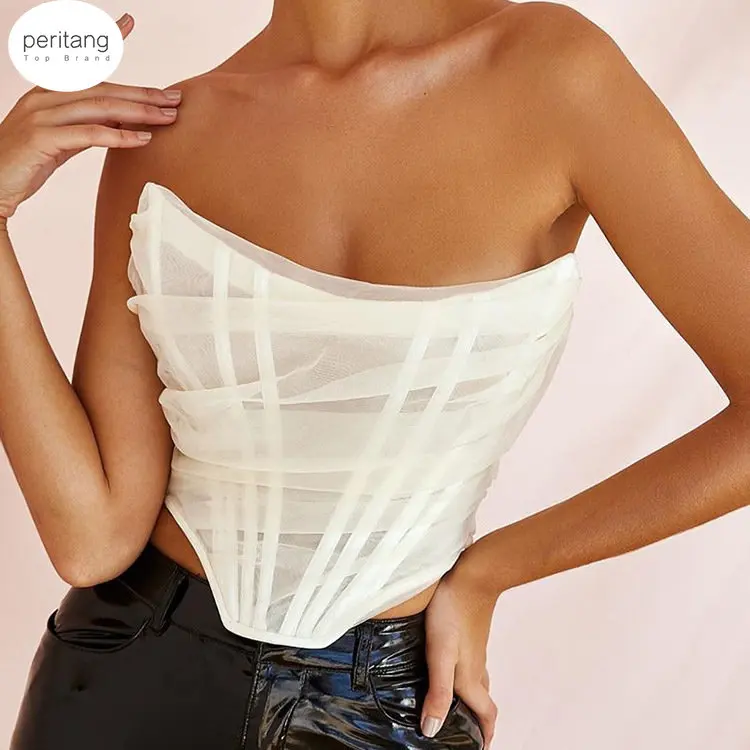 y2k Boned Mesh Corset Tank Top Women Strapless Boning Bustier See Through Sexy Crop Top Off Shoulder Ruched Tee Tank Tops