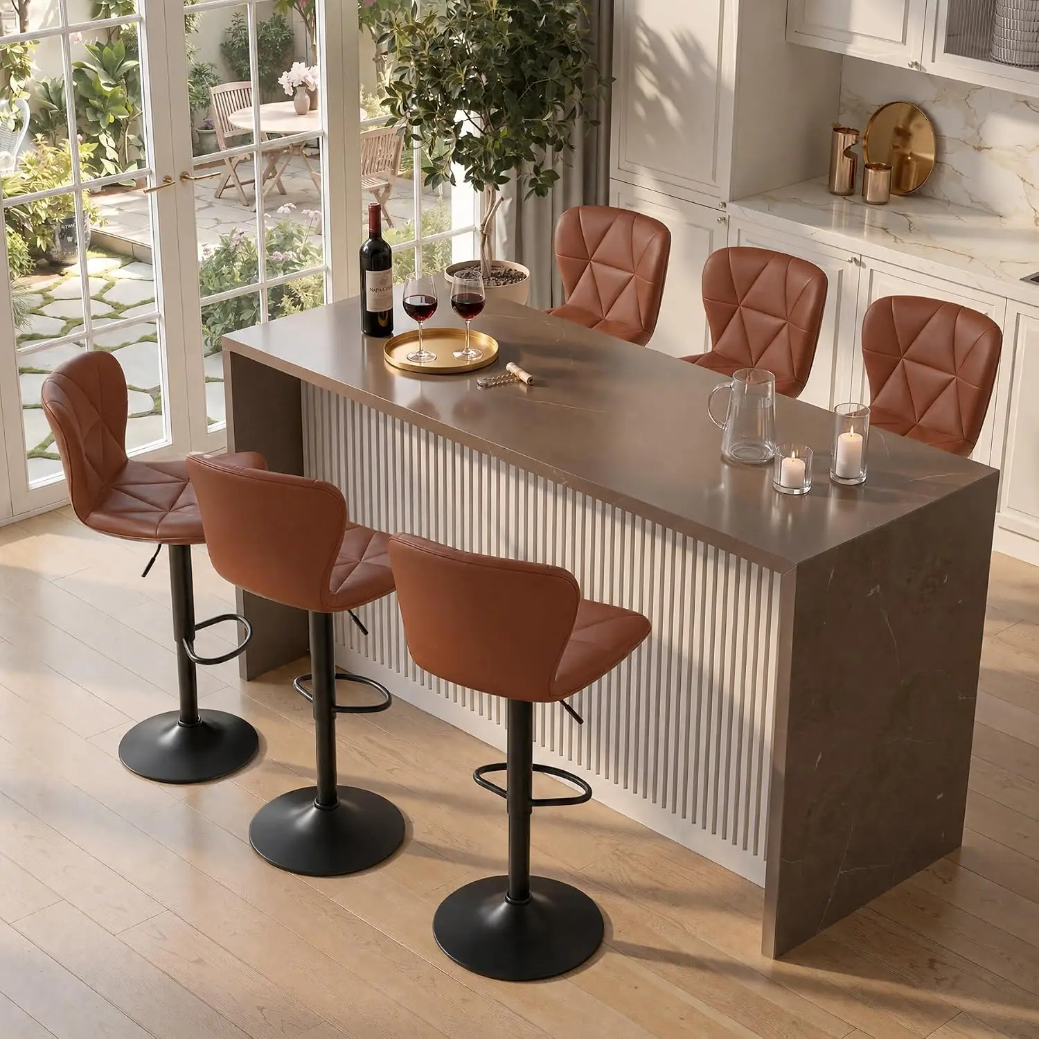 Modern Faux Leather Adjustable Swivel Bar Stools Set Of 6 With Back & Footrest For Kitchen Island, Customized