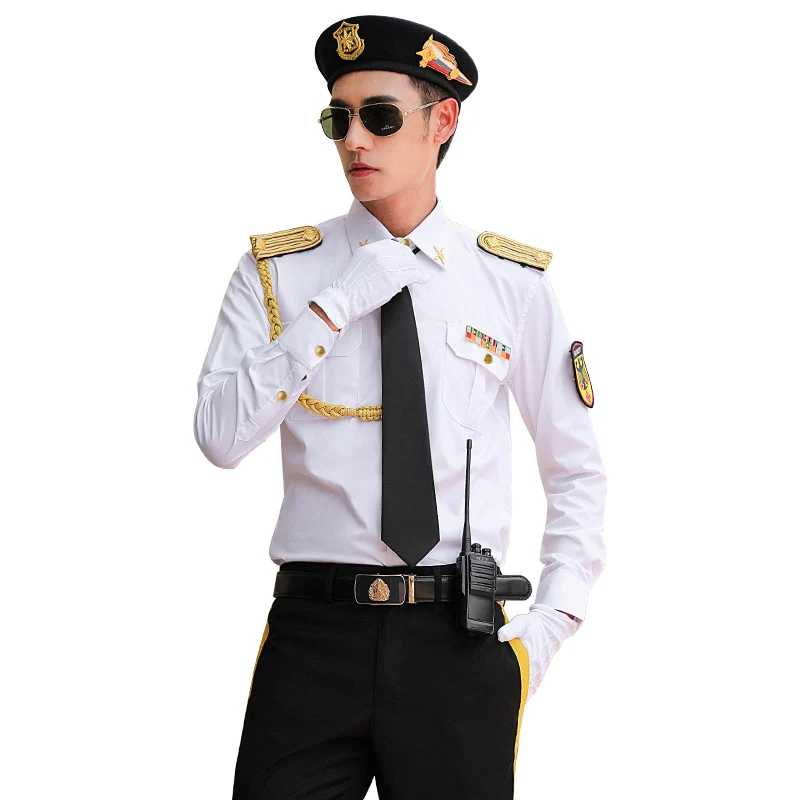 

Male Security Guard Shirt Overalls Suit High Quality Men Pilot Captain White Long Short Shirt Office Work Dress