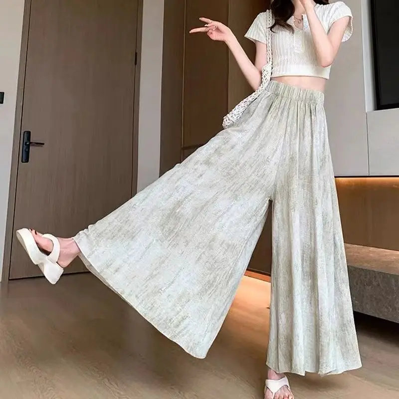 Summer new ice silk fashionable high waist slim fit A-line casual wide leg pants