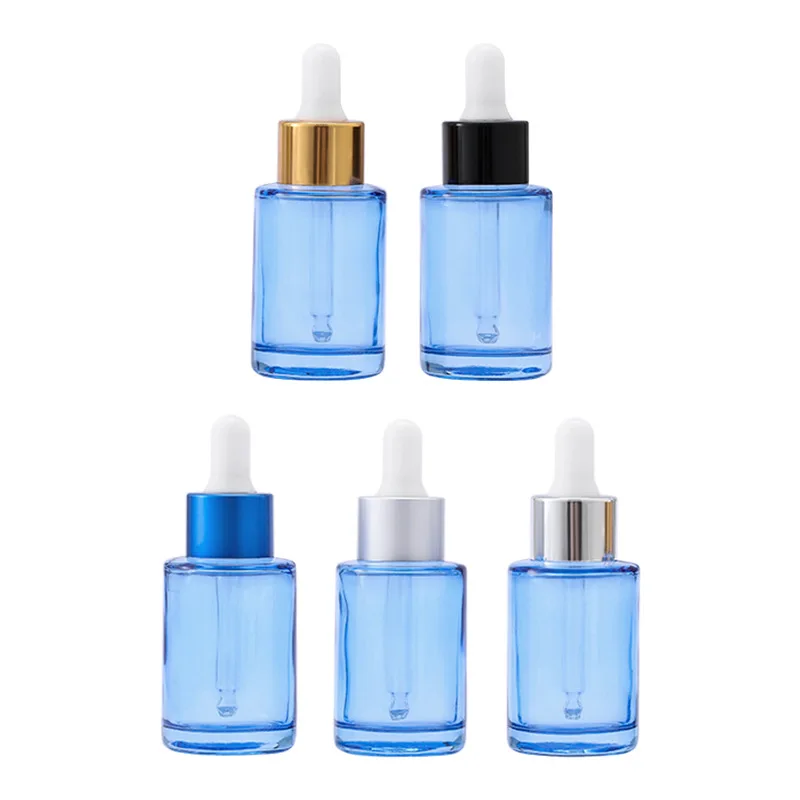 15pcs Glass Empty Blue Essential Oil Dropper Vials 30ml White Rubber Top Cosmetic Stock Liquid Essence Travel Refillable Bottles