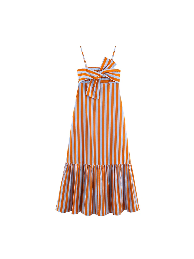 TFMLN Fashion Women Stripes Print Sling Dress Sleeveless Bow Front Loose Fit Backless Long Dresses Chic Lady Holiday Robe