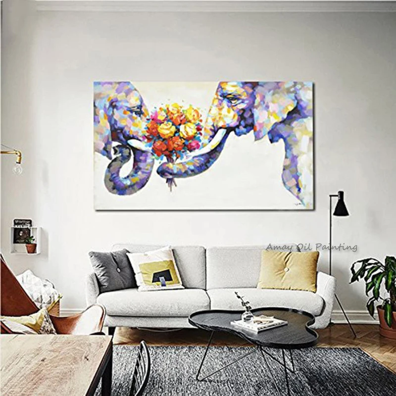 Handpainted Wall Oil Painting On Canvas Palette Knife Colorful Elephant Floral Abstract Oil Painting for Sofa Wall Decor