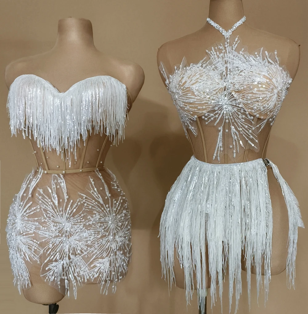 Shiny White Sequins Fringes Pearls Tube Top Short Skirt Two Pieces Set for Women Celebrate Birthday Dress Sexy Dance Costume