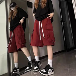 American Y2K Cargo Pants Women Summer Loose Straight Red Streetwear Shorts Trousers Pocket High Waist Bf Harajuku Sweatpants