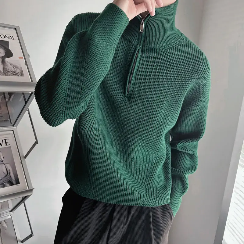 

Knitted Sweaters for Men Zipper Plain Man Clothes Pullovers Green Zip-up Solid Color Collared Tops Overfit Jumpers S A Fun Ugly