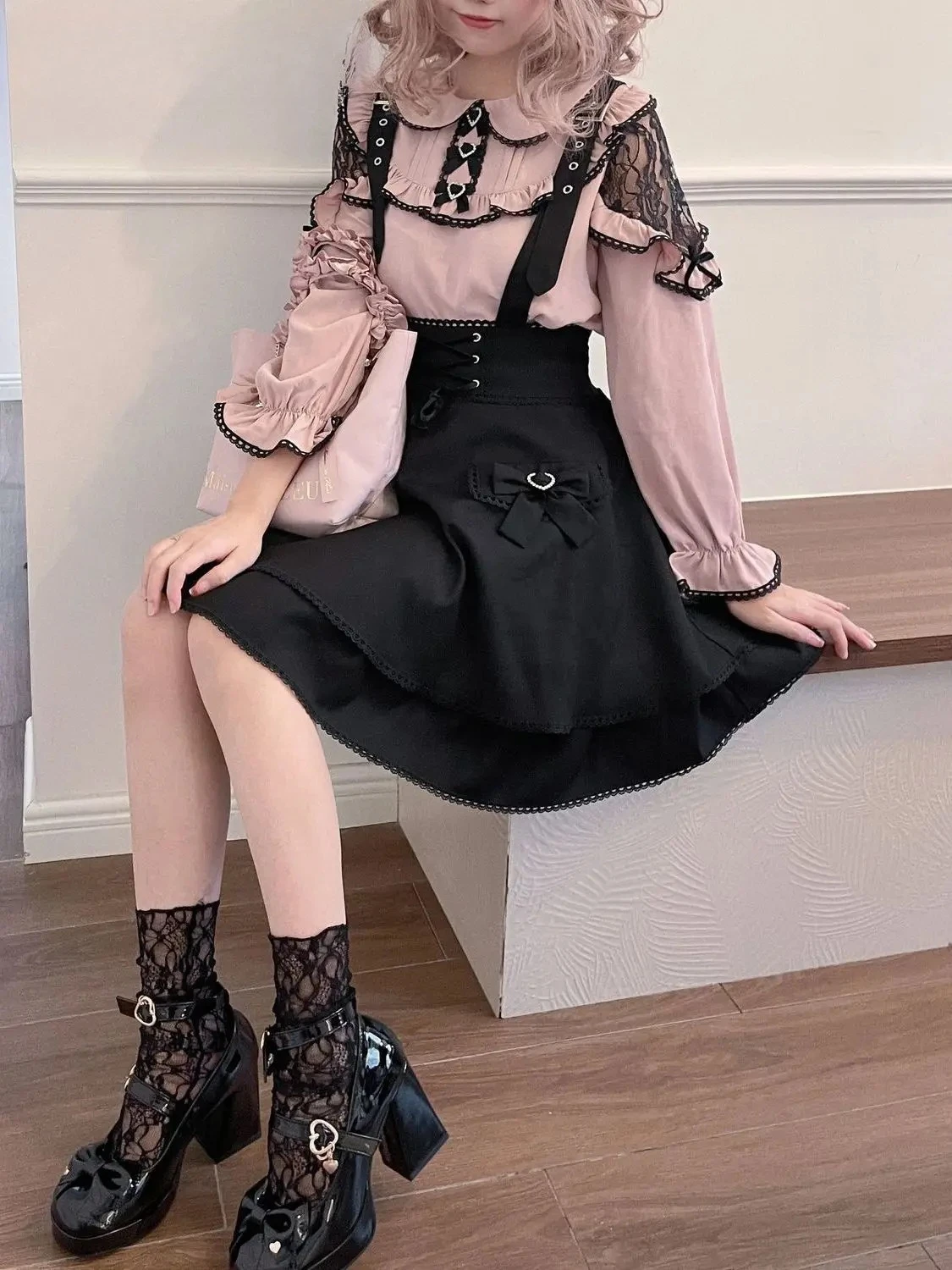 日本の女子高生風JK制服ツーピースセット、女性用、秋の新作ロリータ風スーツ、レース長袖トップスとストラップスカートセット