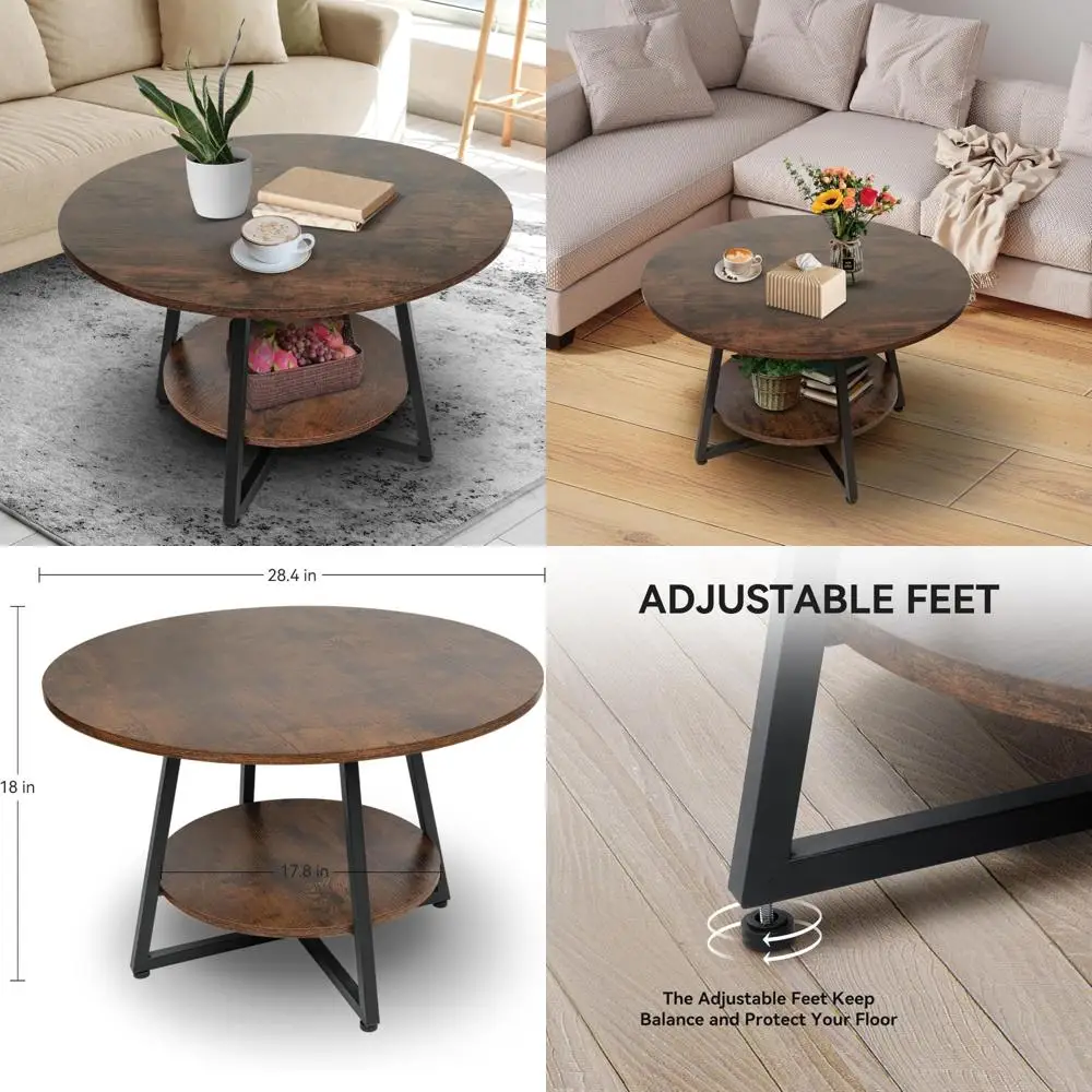 

Modern Round 2-Tier Coffee Table with Storage, Wood Center Table for Living Room and Small Spaces