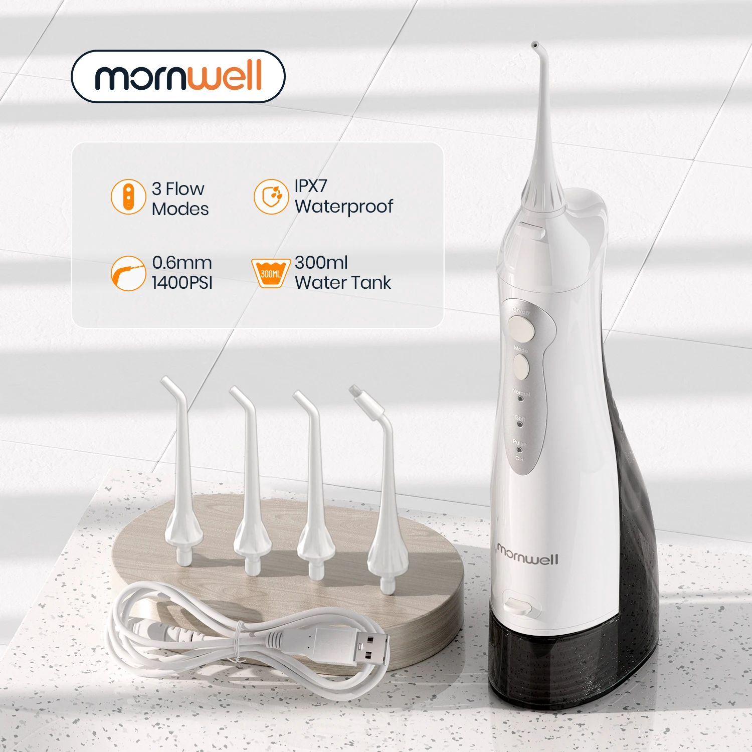 Mornwell D52 irigator Oral, pembersih gigi tahan air tangki air 300ML Jet air gigi portabel Flosser air dapat diisi ulang USB