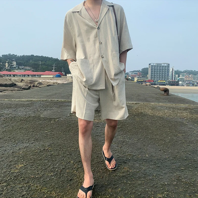 MYQ men's linen short-sleeved shirt suit linen summer loose casual cotton and linen shirt men's suit