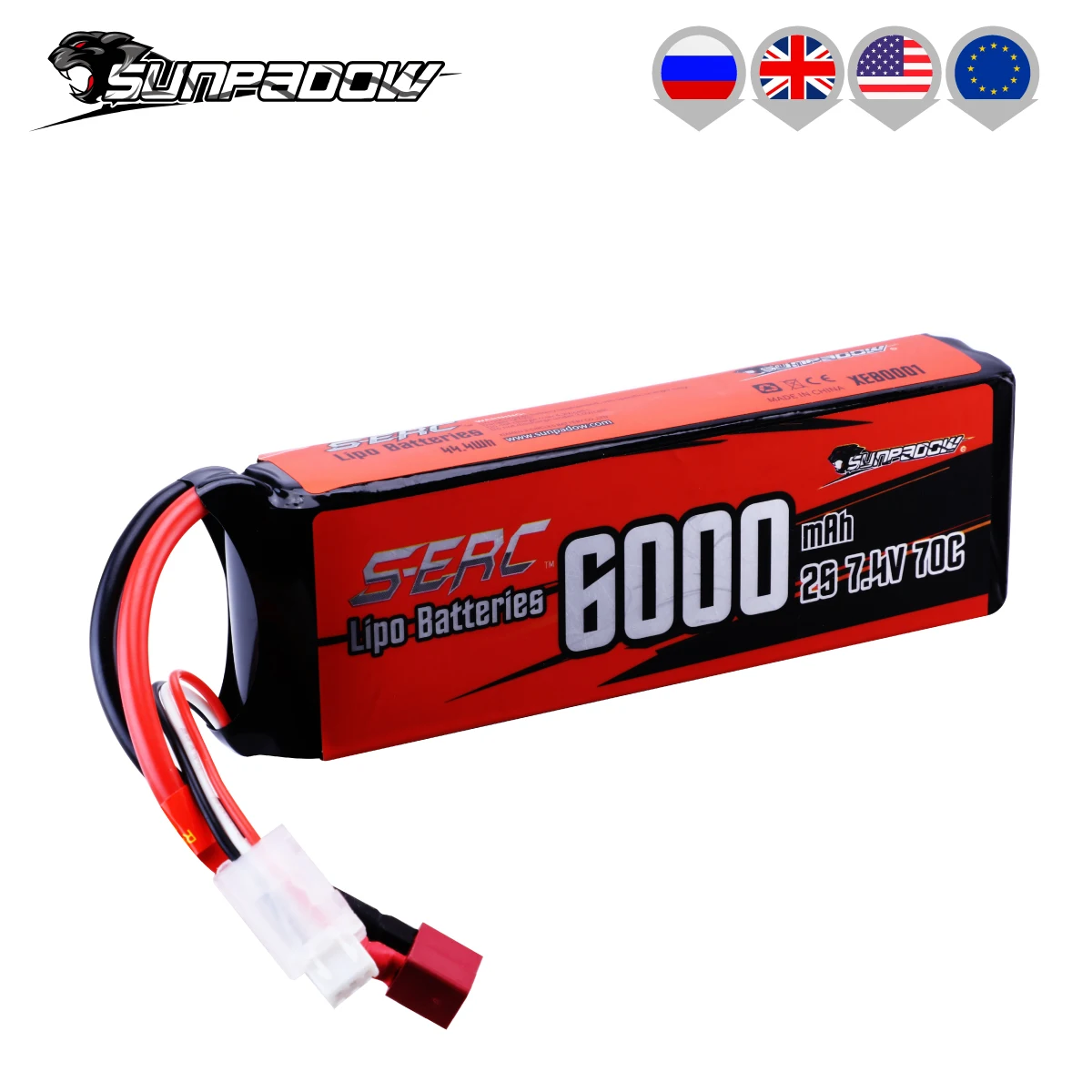 Sunpadow 2S Lipo Battery 7.4V 6000mAh 70C Soft Pack with Deans T Plug for RC Car Boat Airplane Truck Tank Vehicle Truggy Buggy