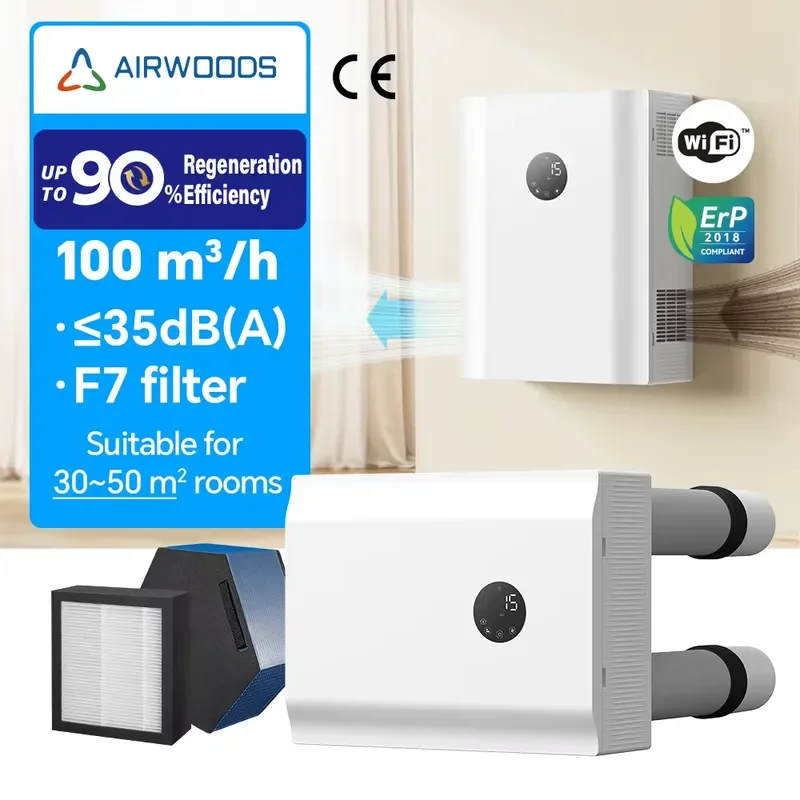Airwoods Eco Flex ERV with F7 Filter WiFi Control High-Efficiency Heat Recovery Ventilation System Modern Design for Hotel