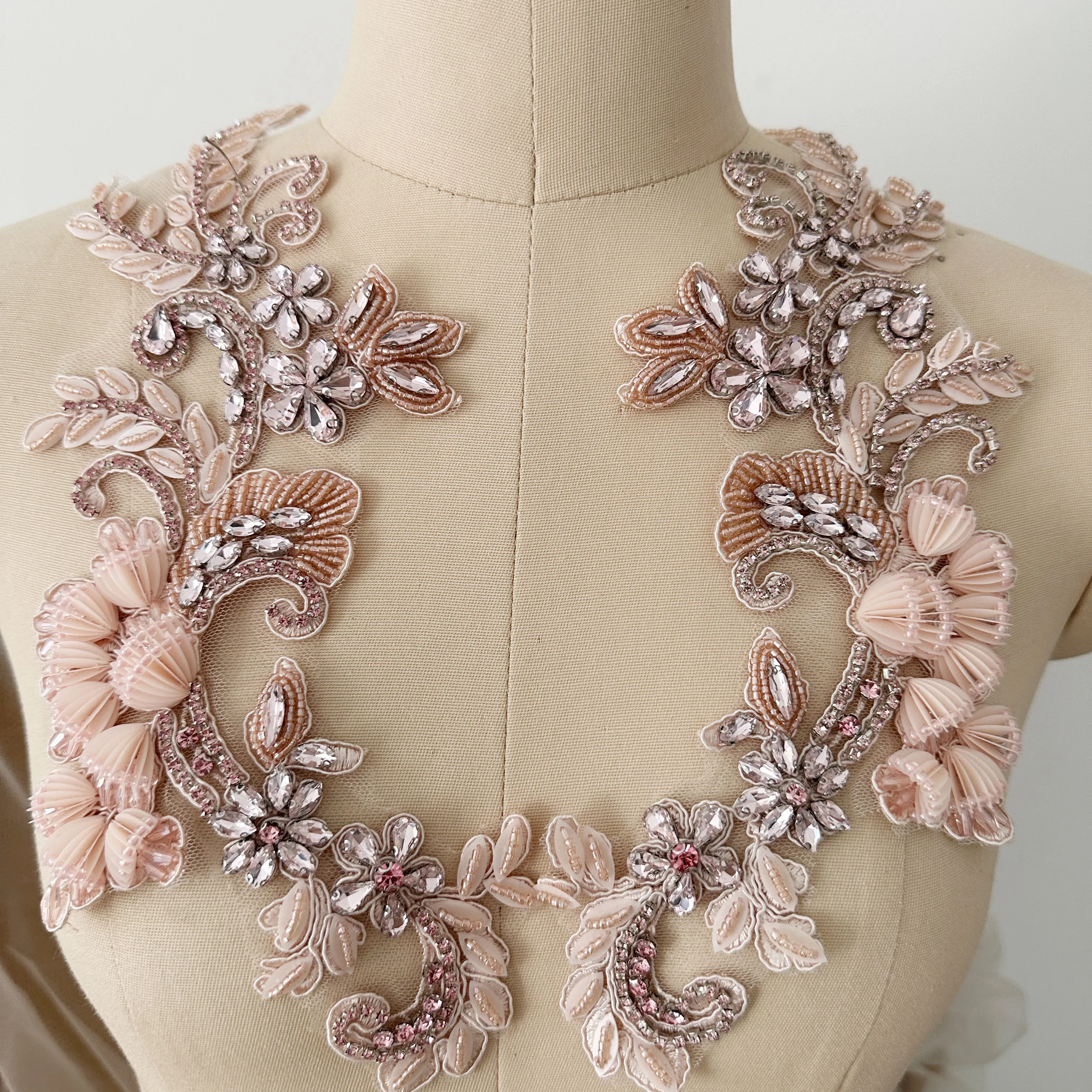 Pink 3D Handmade Couture Flower Rhinestone Beading Sew on Applique Bridal Bodice Belt Sash Wedding Motif