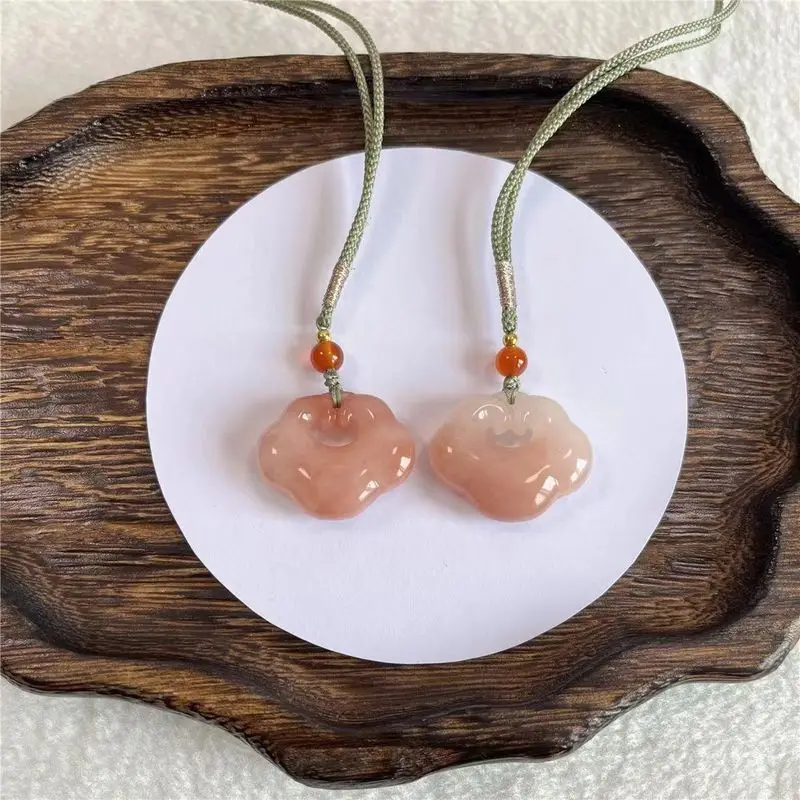Peach Inlaid Golden Silk Jade Auspicious Cloud Longevity Lock, Cherry Blossom Landscape with Floating Flowers, Sweet Gir