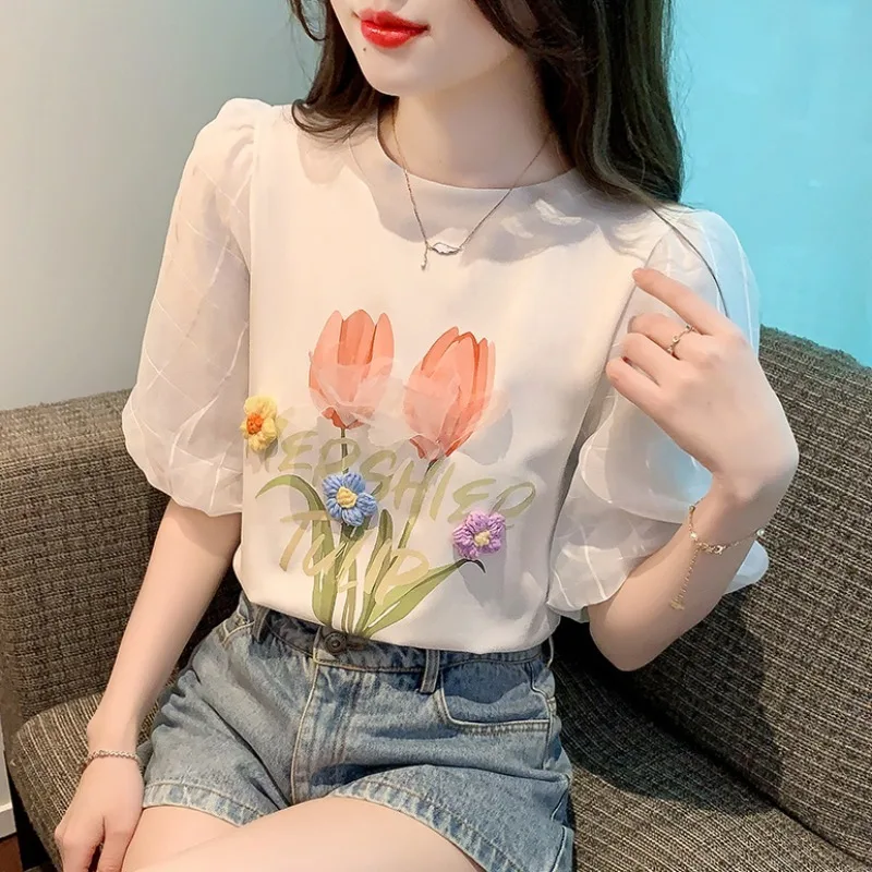 Women\'s Cozy Cotton Summer T Shirt 2023 Korean Student Casual Loose O-Neck Bowknot Lace Puff Sleeve Tops Lady Graceful Pullover