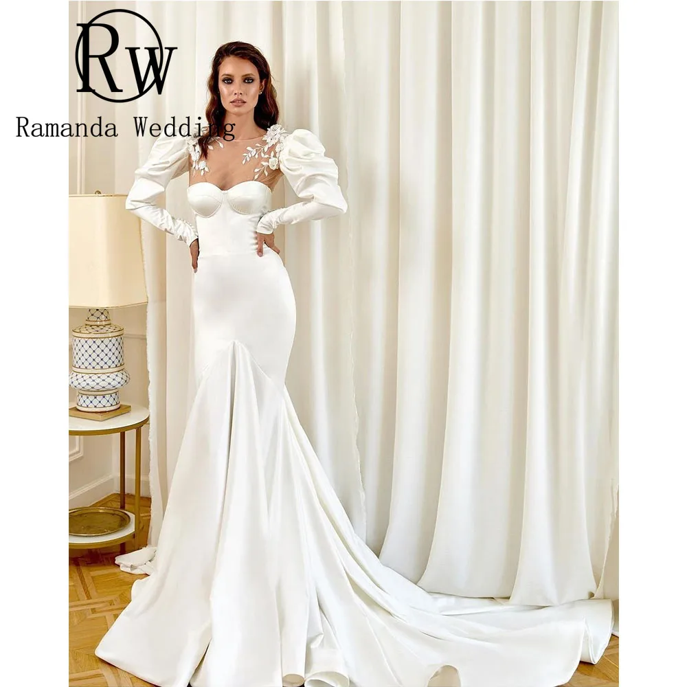 Ramanda Long Sleeves Mermaid Wedding Dresses 3D Lace Appliques Scoop Collar vestido de novia Illusion Sweep Train Bridal Gown