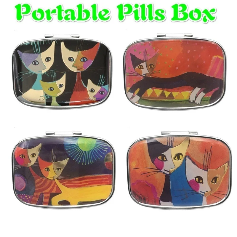 

Family Cats Moonlight Pill Box Holder Storage Organizer Case W/Inner Mirror Bag Table Hook