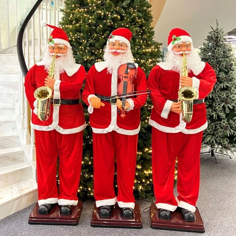 Life Size Santa Claus Figure Playing Saxophone Red Velvet Suit Musical Christmas Decoration For Home Mall Holiday Party